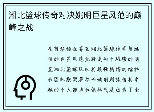 湘北篮球传奇对决姚明巨星风范的巅峰之战